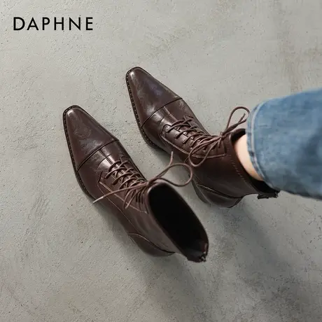 达芙妮高跟短靴女2026新款冬季加绒尖头瘦瘦靴子粗跟英伦风马丁靴图片