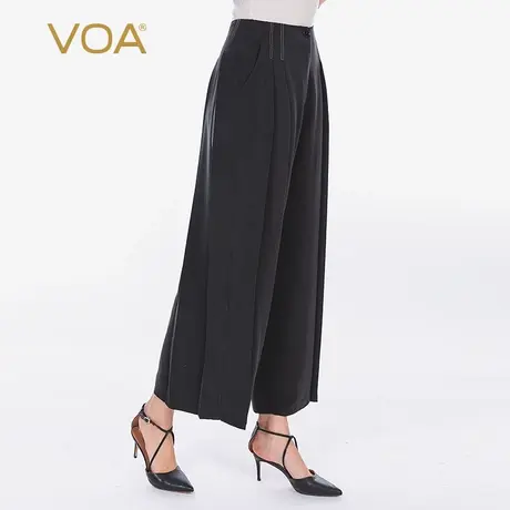 VOA30姆米重磅真丝斜插口袋育克褶OL风桑蚕丝九分肥腿百搭阔腿裤商品大图