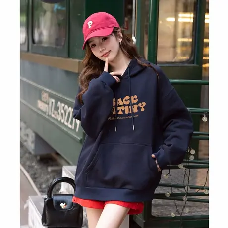 唐狮秋冬新款连帽卫衣女美式胶印加绒帽衫休闲宽松卫衣套头TD商品大图