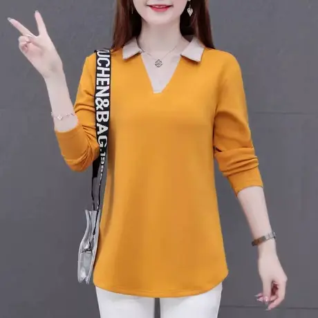 恋上17号长袖t恤女打底衫春秋2023新款中年女士秋装假两件polo领图片