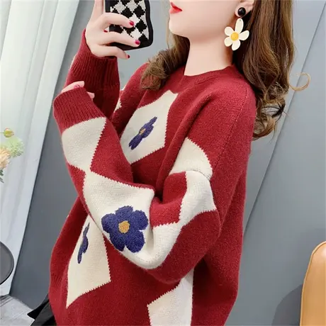 红色菱形毛衣女套头2022年新款秋冬宽松慵懒风复古提花针织衫上衣商品大图