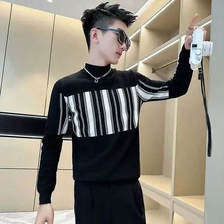 秋冬季半高领毛衣男装高级感潮牌上衣条纹修身内搭个性针织打底衫商品大图