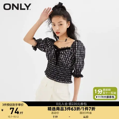 ONLY奥莱夏季法式蕾丝花边设计收腰泡泡袖雪纺衫女商品大图