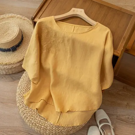 中袖刺绣宽松亚麻上衣文艺复古棉麻衬衫T恤休闲百搭2022春夏新款图片