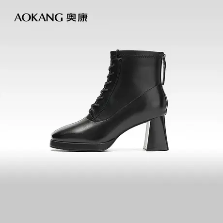 【门店发货】奥康女鞋 2023冬季新款高跟短靴粗跟配裙子时装靴商品大图