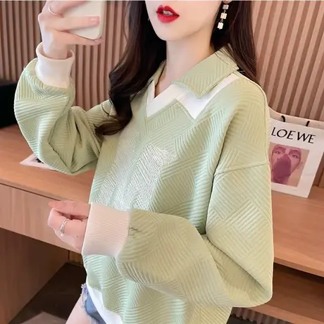 polo领卫衣女2023新款秋冬季韩版宽松加绒加厚假两件拼色上衣外套图片