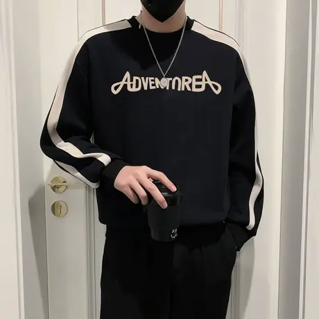 春秋季简约字母印花卫衣男圆领无帽上衣外套休闲重磅潮牌长袖体恤商品大图