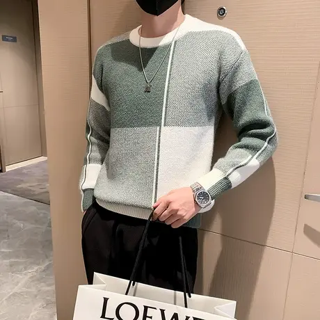 毛衣男秋冬季新款撞色格子拼接高级感套头内搭毛线针织衫冬装线衣商品大图