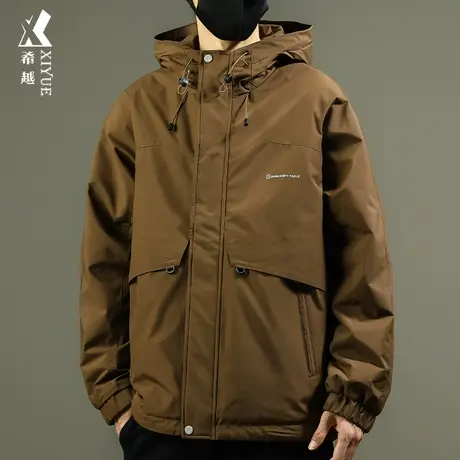 希越秋冬款加厚棉衣男宽松大码咖色连帽冲锋衣户外防风运动外套潮商品大图