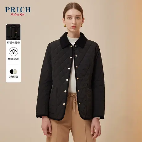PRICH2023冬新款棉感T400菱格绗线灯芯绒翻领修身腰带棉服外套女图片