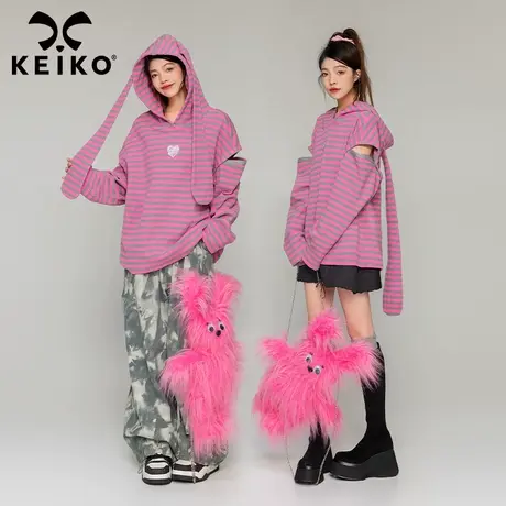KEIKO [可拆袖]兔耳朵连帽卫衣23秋季设计感复古oversize条纹外套商品大图