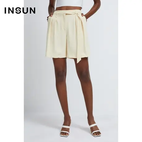 恩裳商场同款夏季个性自然双褶凉感醋酸百搭直筒休闲短裤商品大图