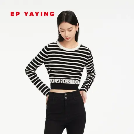 EP雅莹女装 条纹圆领收腰长袖短款针织衫 春装商场同款9551A商品大图