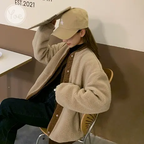 yoe仿羊羔毛羊羔绒外套女灯芯绒拼接复古卡其色卡其色上衣开衫ins图片