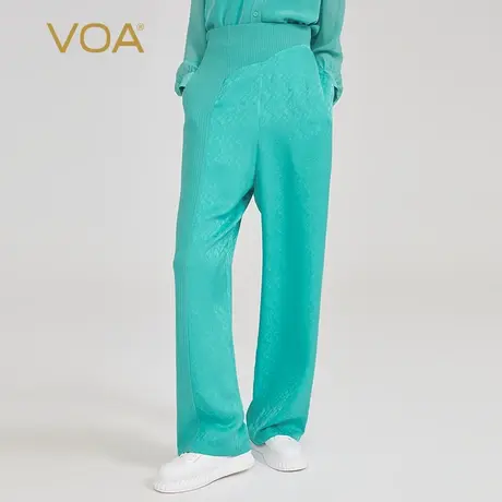 VOA清水蓝暗纹提花桑蚕丝拼接无界重磅丝绸自然腰个性真丝直筒裤图片