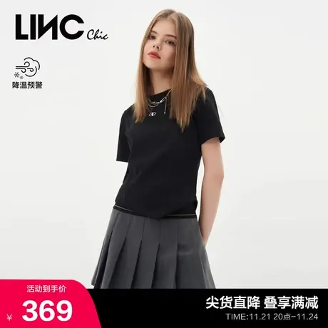 LINC金羽杰黑色T恤女机能高街感修身紧致短袖女T恤上衣S231FK107Y图片