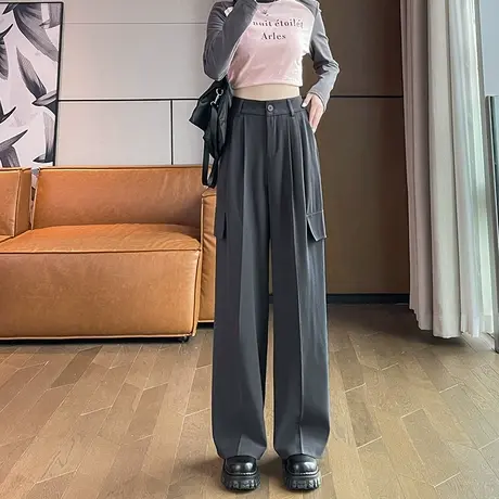 灰色美式工装裤女秋季2024新款高腰显瘦直筒大口袋休闲西装阔腿裤商品大图