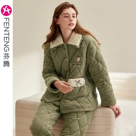 芬腾冬季珊瑚绒夹棉睡衣女三层加厚保暖加绒套装大码法兰绒家居服图片
