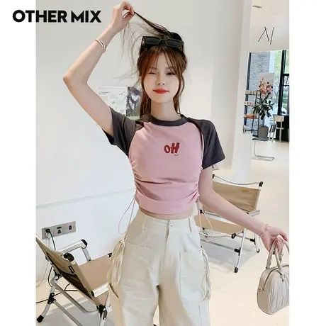 Othermix拼色抽绳修身显瘦短款T恤女2023夏新款韩版圆领小众上衣商品大图