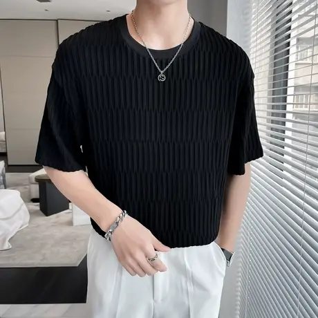 夏季男士t恤短袖宽松半袖潮流垂感纯色条纹青年潮牌圆领休闲体恤商品大图