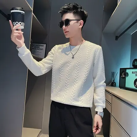 圆领卫衣男春秋款2022新款高街潮牌复古休闲纯色麻花条纹无帽外套商品大图