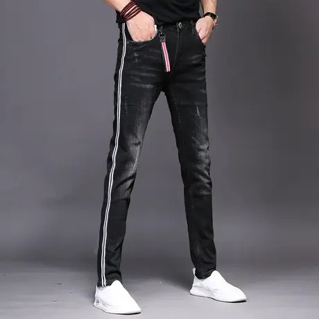 2023新款男士高端牛仔裤男秋冬男款条纹潮牌弹力休闲修身小脚裤子商品大图