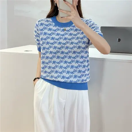2023夏季韩版女士针织衫上衣短袖套头冰丝圆领镂空薄款显瘦打底衫商品大图
