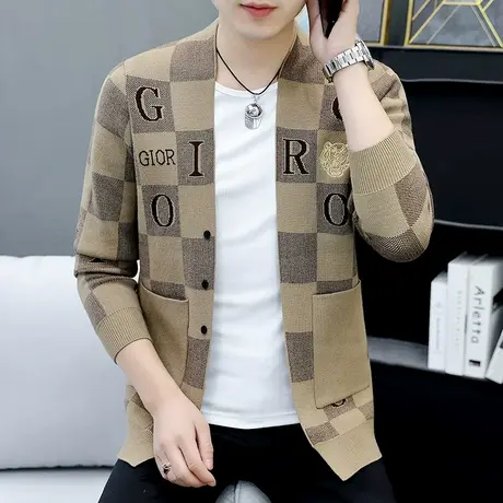 潮牌虎头刺绣针织外套男士秋季韩版线衣披风个性痞帅格子开衫毛衣商品大图