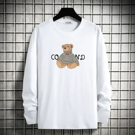 白色t恤男长袖纯棉宽松上衣服小熊潮牌ins全棉内搭打底衫秋季小衫商品大图