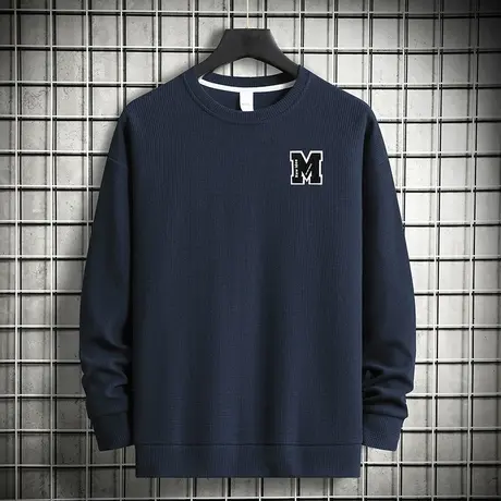 春秋款华夫格卫衣男潮牌潮流圆领长袖t恤宽松休闲套头无帽上衣服商品大图