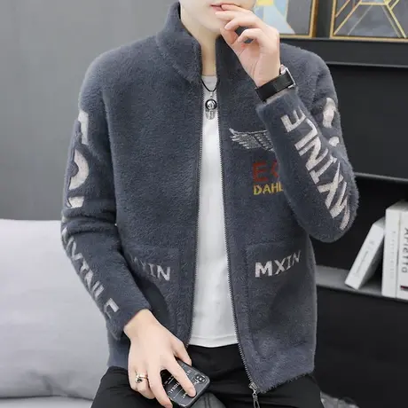 开衫仿水貂绒毛衣男秋冬新款立领青年男士加厚提花夹克外套2023年商品大图