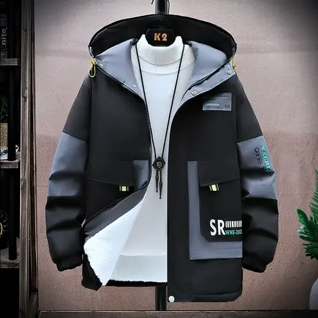 加绒加厚外套男秋冬季潮流连帽冲锋衣青少年学生夹克保暖冬装棉服商品大图