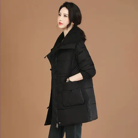 韩潮袭人海军领休闲中长款棉衣外套女2023冬新款纯色百搭显瘦棉服图片
