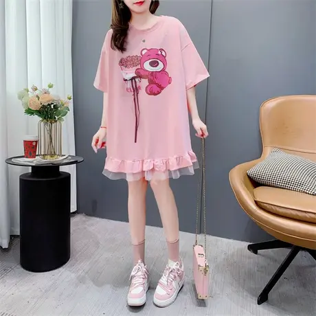 夏季时尚休闲短袖T恤裙女202年新款宽松洋气减龄卡通木耳边连衣裙商品大图