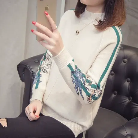 半高领毛衣女新款秋冬inc超火的绣花网红宽松套头加厚打底衫商品大图