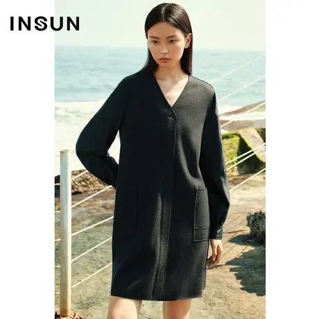 INSUN恩裳冬季提花撞色灯笼袖澳毛连衣裙图片