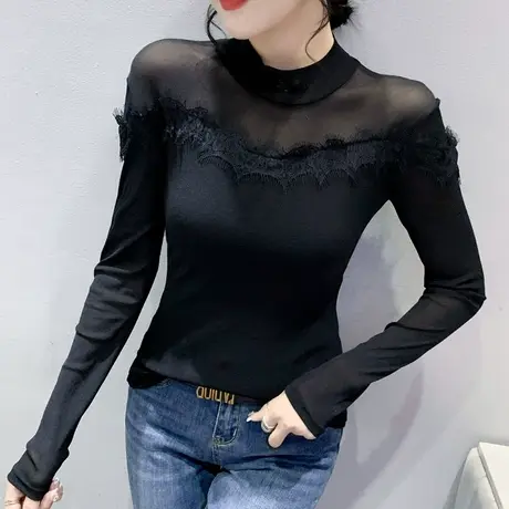 性感网纱黑色打底衫女长袖洋气蕾丝拼接上衣春装修身百搭立领T恤图片
