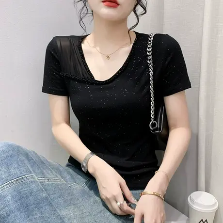 欧货网纱拼接上衣女短袖夏季气质钉珠T恤性感V领修身小衫百搭半袖商品大图