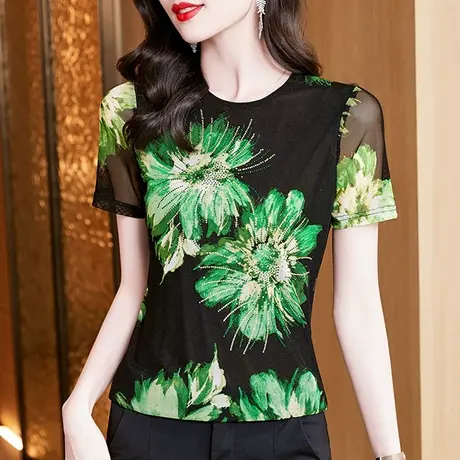 时尚网纱短袖上衣女复古性感气质小衫夏季设计感小众漂亮印花T恤图片