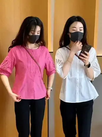 镂空绣花七分袖白色衬衫女2023夏季新款宽松显瘦衬衣气质减龄上衣图片