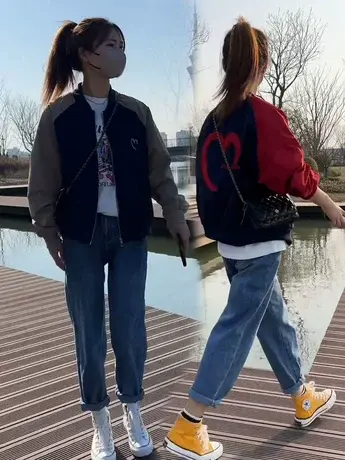 欧货拼接撞色立领长袖外套女2023年春季新款宽松别致棒球服上衣潮商品大图