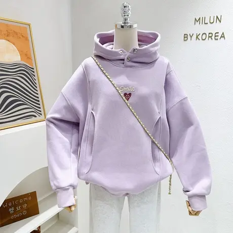 秋冬款ins爱心半高领连帽加绒卫衣设计感摇粒绒外套宽松微胖遮肉图片