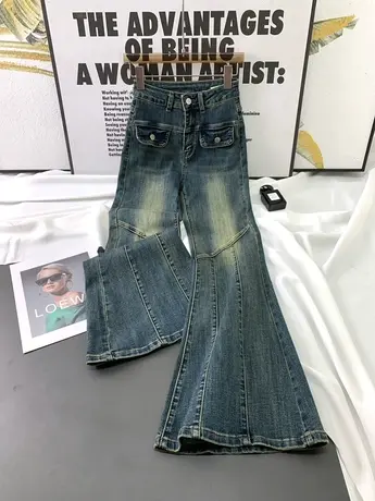 磨白复古韩版牛仔喇叭裤女2023秋季新款显瘦假口袋弹力高腰微喇裤商品大图