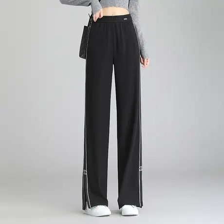 侧开叉休闲阔腿裤女秋季2023新款松紧腰垂感显瘦直筒裤百搭长裤子图片