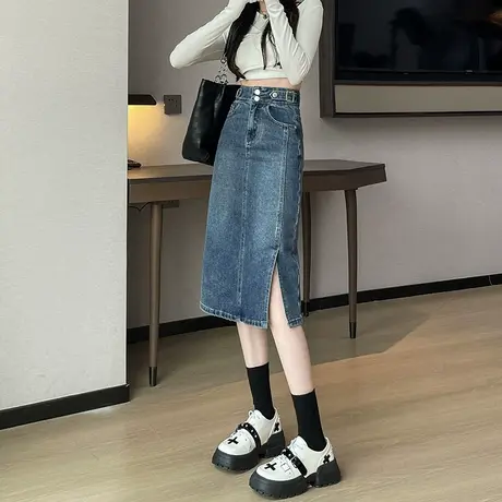 开叉牛仔半身裙女高腰2023新款修身包臀裙显瘦法式长款小个子裙子图片