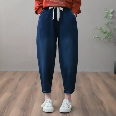 dza 高腰显瘦抽绳直筒牛仔裤子女士2023春新款宽松阔腿九分休闲裤图片