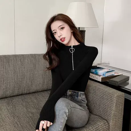 半高领打底衫秋冬新款纯色长袖t恤女韩版修身性感显瘦半开领上衣商品大图