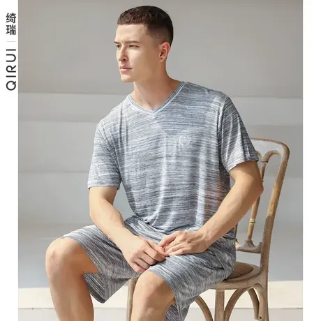 绮瑞夏季男睡衣莫代尔短袖短裤薄款条纹宽松大码套装可外穿家居服商品大图