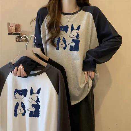 设计感小众插肩长袖T恤女秋冬季宽松休闲上衣内搭外穿德绒打底衫商品大图