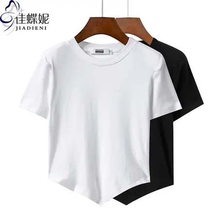 夏季新款圆领修身下摆不规则短款纯欲纯棉纯色短袖体恤上衣女打底商品大图